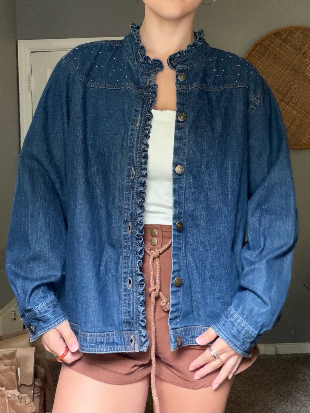Y2K Krazy Kat Dark Blue Denim Jacket with Ruffle Trim & Jewel Details